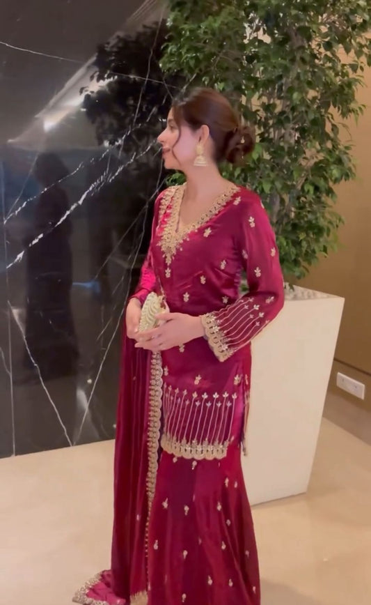 Gorgeous Pink Color Embroidery Work Sharara Suit