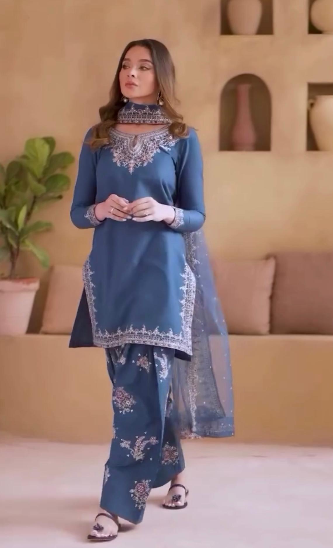 Pretty Blue Crepe Sequence Work Punjabi Style Palazzo Suit
