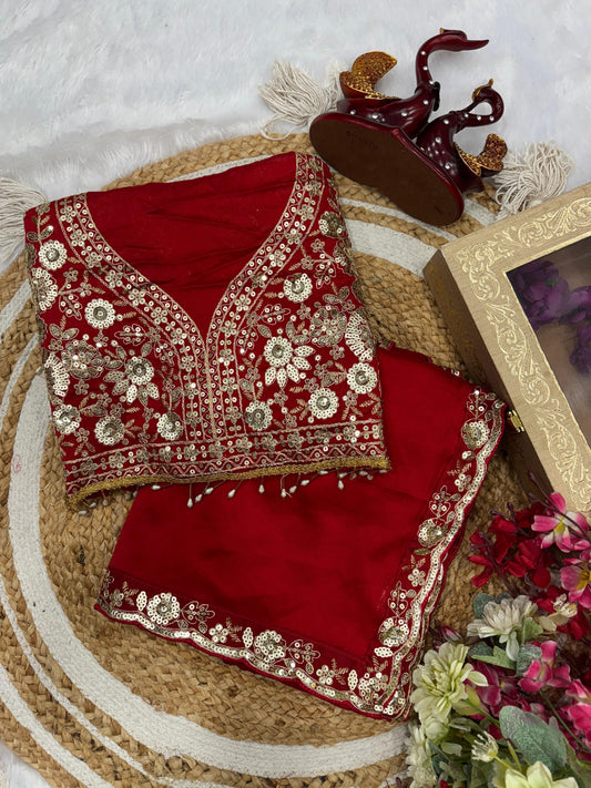Gorgeous Red Color Rangoli Sequence Silk Saree