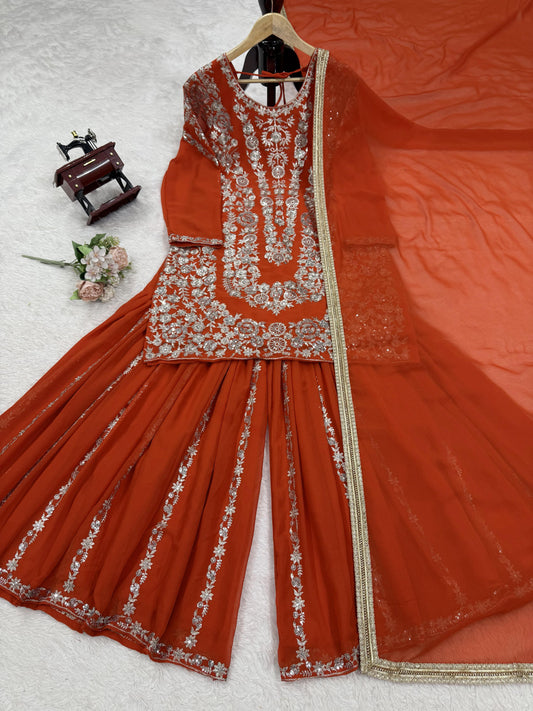 Orange Color Sequence Work Stunning Sharara Suit