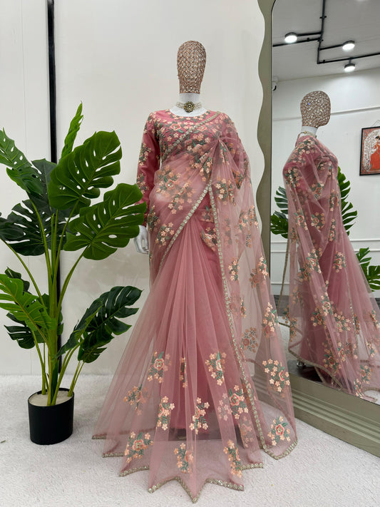 Superhit Soft Net peach Color Saree
