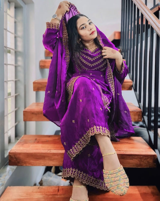 Function Wear Embroidery Work Wine Color Palazzo Suit