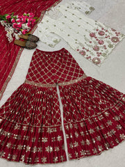 Heavy Work White Top With Red Sharara Suit with Dupatta