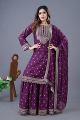 Delightful Chinon Silk Wine Color Sharara Suit