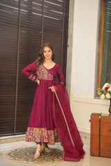 Decent Red Color Sequence Work Gown With Dupatta