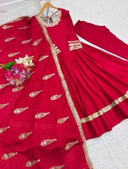 Decent Chinnon 5mm Sequence Work Red Color Gown