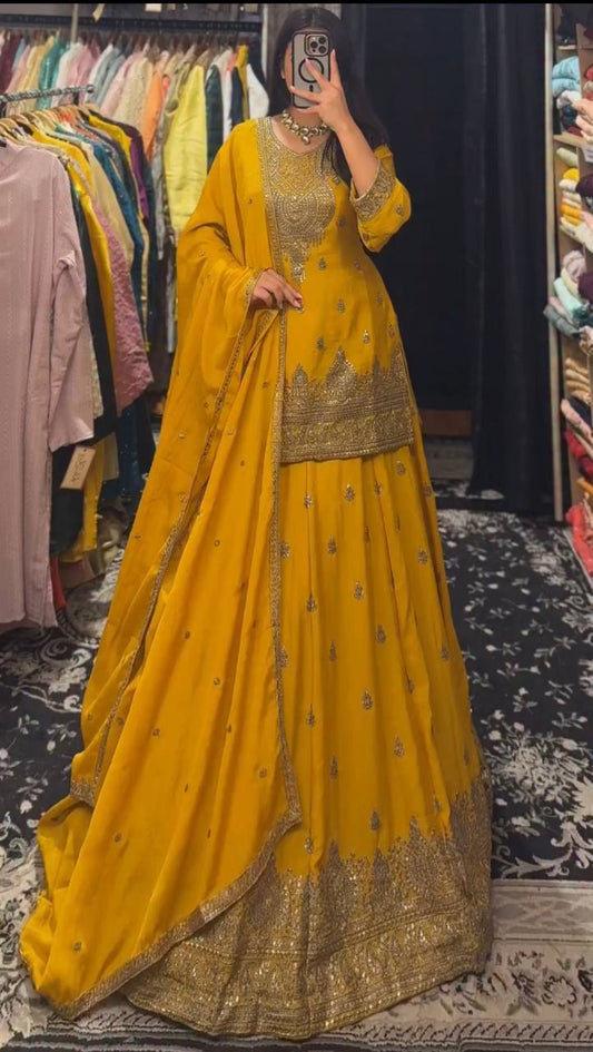 Glorious Mustard Chinon Silk Embroidery Sequence Work Top With Lehenga