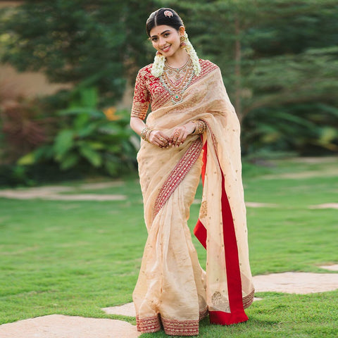 Beautiful Embroidery Work Cream Color designer Saree
