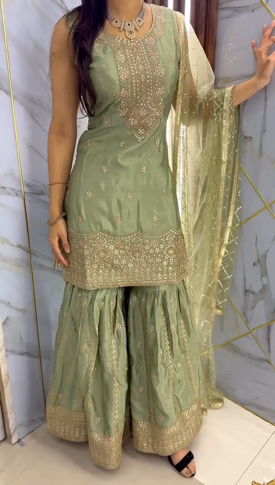 Elegant Sequence Work Green Color Palazzo With Dupatta Set