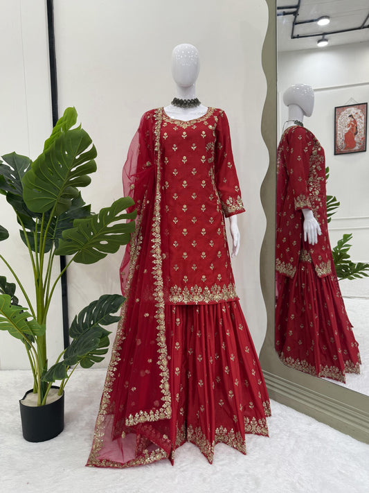 Designer Red Chinon Silk Sequence Work Sharara Suit