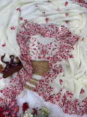 Stylish White Silk Thread Work Saree