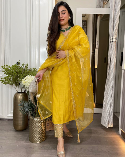 Good Looking Roman Silk Yellow Color Salwar Suit