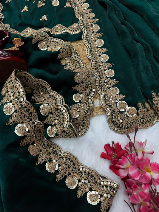 Beautiful Silk Embroidery Work Green Color Saree