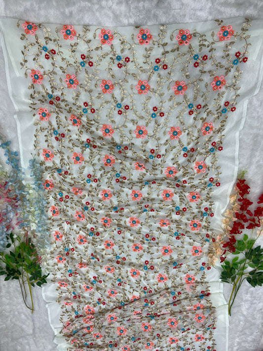 Multi Sequence Work White Color Saree