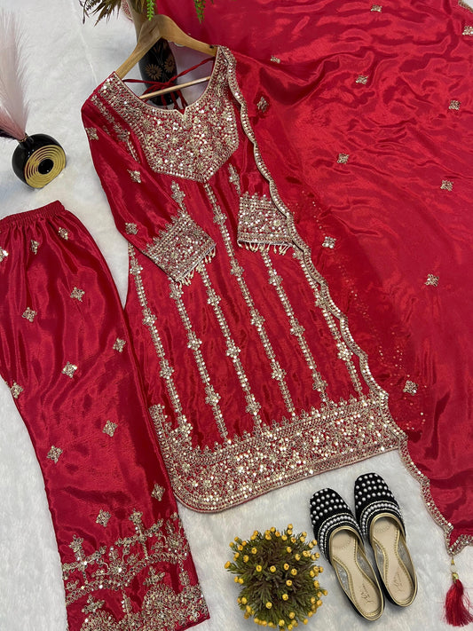 Classy Red Chinon Silk Sequence Work Palazzo Suit