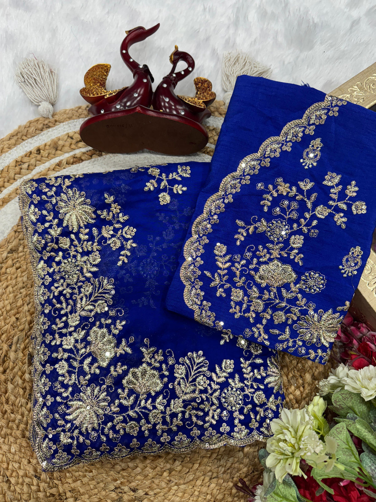 Designer Blue Color Sequence Work Silk Saree