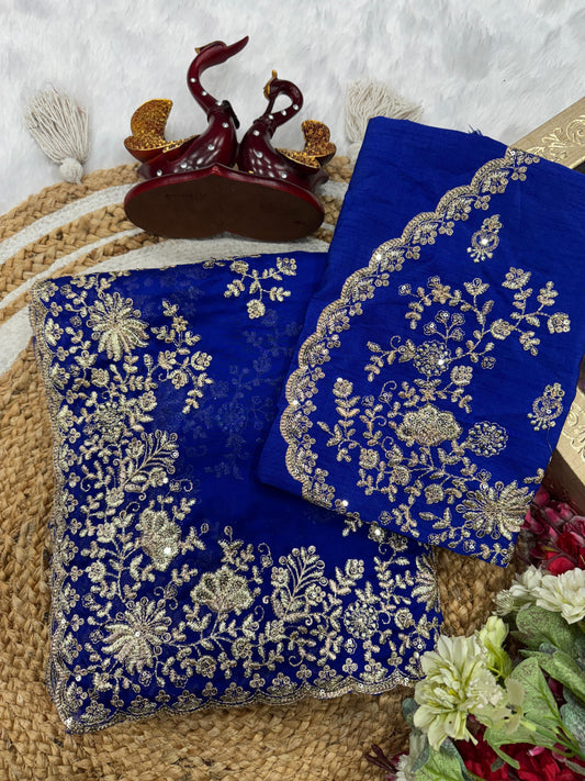 Designer Blue Color Sequence Work Silk Saree
