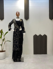 Fantastic Embroidery Work Black Color Lehenga Saree With Shurg