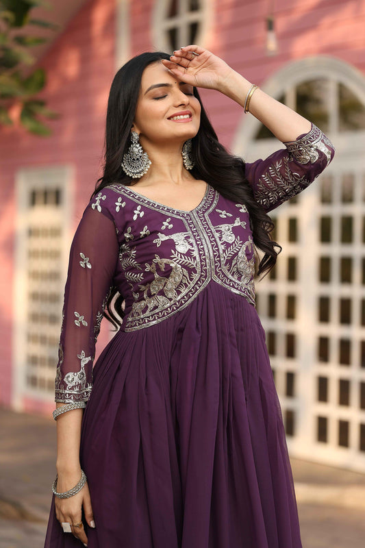 Beautiful Sequence Embroidery Work Silk Onion Color Gown