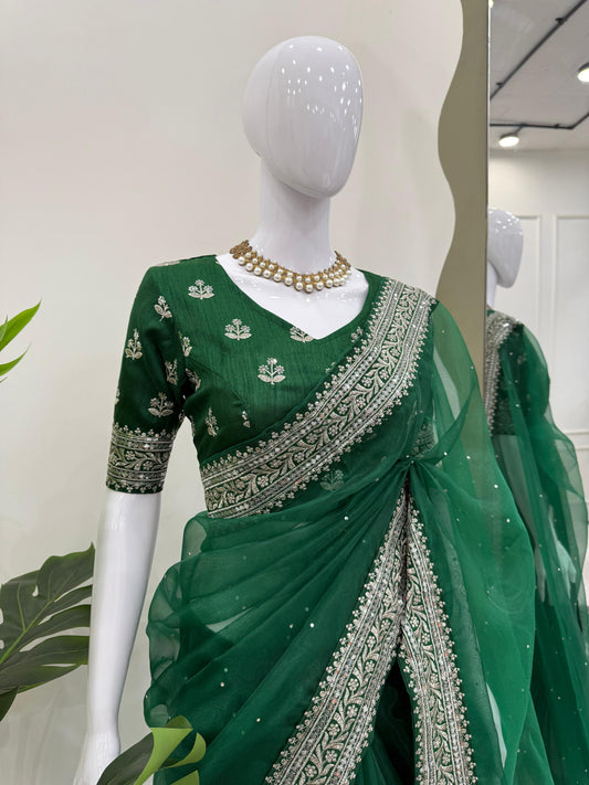 Diamond Work Green Color Silk Saree