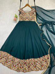 Stunning Sequence Work Green Color Gown