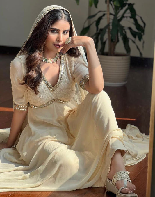 Designer Embroidery Chikankari Work Off White Color Gown