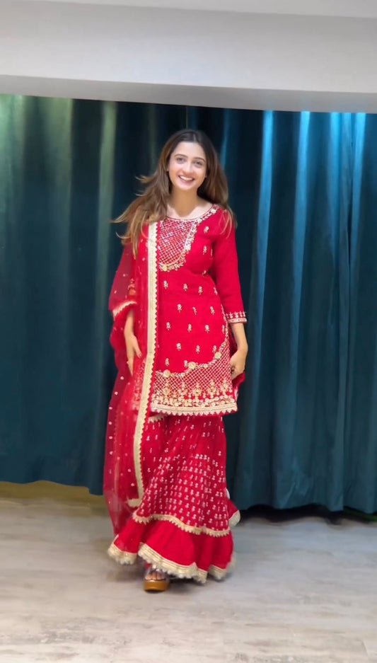 Glorious Red Georgette Thread Work Sharara Suit