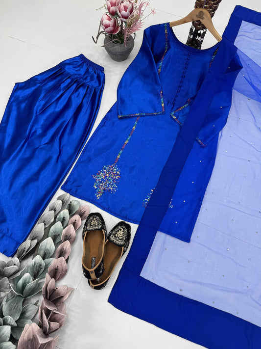 Blue Color Sequence Work Palazzo Suit