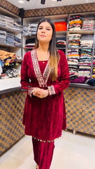 Function Wear Velvet Red Color Top With Pent