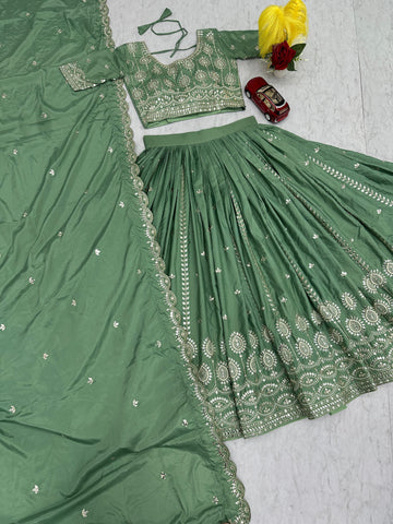 Exclusive Green Crepe Silk Embroidery Lehenga