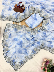 Party Wear Sky Blue Printed Silk Saree