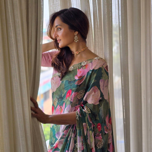 Floral Print Teal Green Color Silk Saree