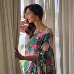 Floral Print Teal Green Color Silk Saree