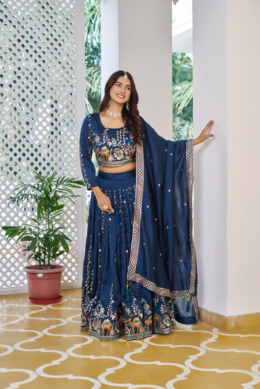 Exclusive Mustard Vichitra Embroidery Work Lehenga