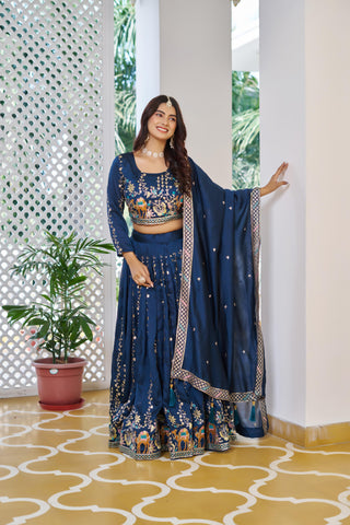 Exclusive Mustard Vichitra Embroidery Work Lehenga