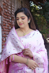 Beautiful Satin Silk Pink Color Designer Saree