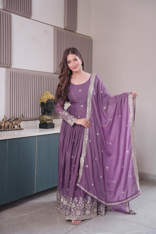 Alluring Purple Heavy Diamond Silk Embroidery Work Gown