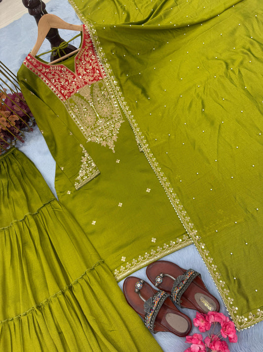 Good Looking Sequence Work Perrot Green Color Sharara Suit