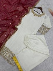 Awesome Sequence Work White Color Top Palazzo With Dupatta