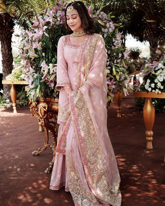 Graceful Sequence Work Pink Color Sharara Suit