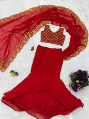 Outstanding Faux Georgette Red Color Lehenga Saree