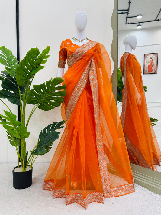Diamond Work Orange Color Silk Saree