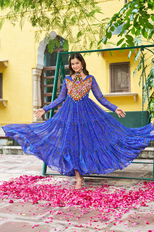 Navratri Festival Innovative Blue Georgette Kutchi Work Gown
