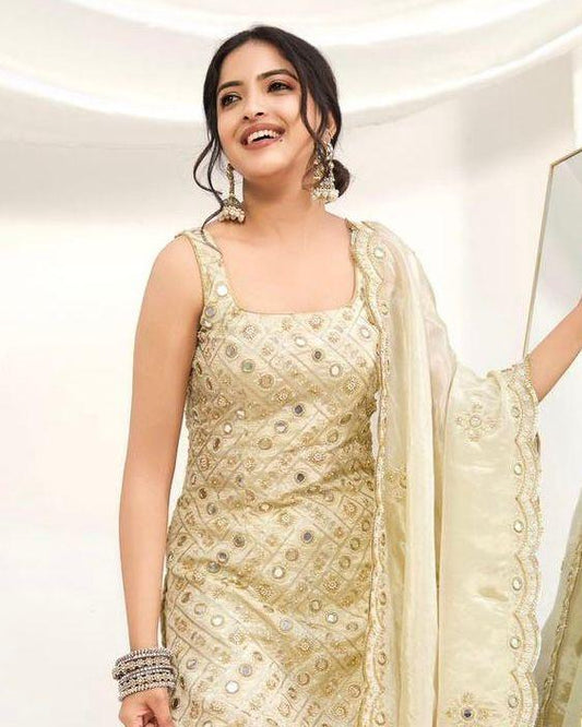 Admiring White Natural Crap Embroidery Sequence Sharara Suit