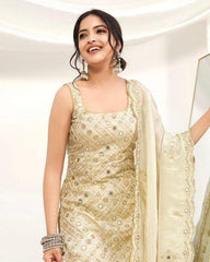 Admiring White Natural Crap Embroidery Sequence Sharara Suit