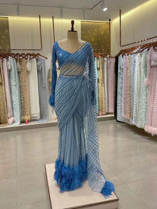 Wedding & Party Wear Blue Color Embroidery Work Saree