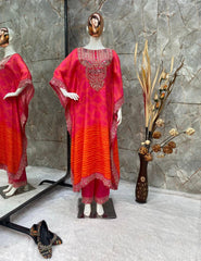 Attractive Chinon Embroidered Work Pink & Orange Color Kaftan Suit