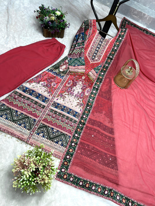 Attractive Chinon Silk Printed Mirror Work Palazzo Suit