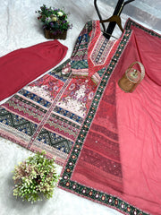 Attractive Chinon Silk Printed Mirror Work Palazzo Suit