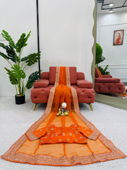 Diamond Work Orange Color Silk Saree